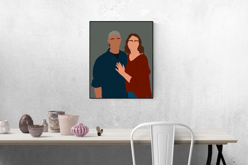 Pode incluir: Uma ilustra&ccedil;&atilde;o digital de um casal, um homem com cabelo grisalho e uma mulher com cabelo castanho, de p&eacute; juntos em frente a um fundo cinza.