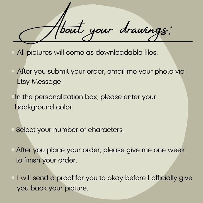Pode incluir: Um fundo bege claro com texto preto descrevendo as etapas para encomendar desenhos personalizados. O texto diz: "Sobre seus desenhos: Todas as imagens ser&atilde;o fornecidas como arquivos para download. Depois de enviar seu pedido, envie-me sua foto por mensagem do Etsy. Na caixa de personaliza&ccedil;&atilde;o, insira sua cor de fundo. Selecione o n&uacute;mero de caracteres. Depois de fazer seu pedido, me d&ecirc; uma semana para concluir seu pedido. Enviarei uma prova para voc&ecirc; aprovar antes de devolver oficialmente sua imagem."