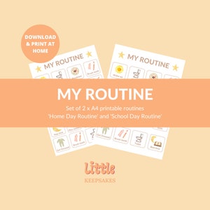 May include: Two printable routine charts for children. The charts are titled "My Routine" and feature colorful illustrations of activities like brushing teeth, getting dressed, and bedtime. The charts are designed to help children learn and follow a daily routine.