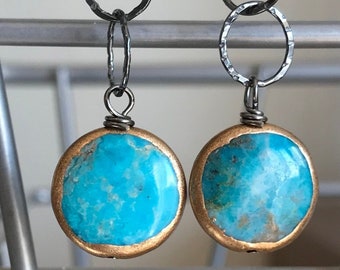 Gold Edge Turquoise Coin Earrings