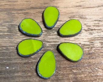 Avocado Green Czech teardrop flat bead with Picasso edge  10 beads