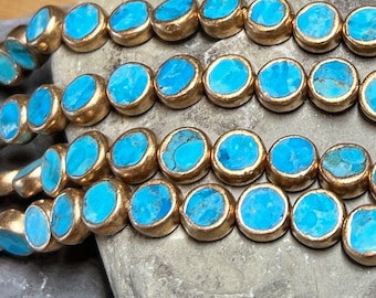 Gold Edge Blue Coin Turquoise Bead  10mm