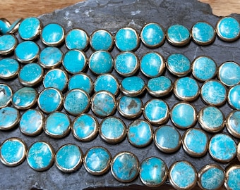 Gold Edge Blue Turquoise Puff Coin Bead 12mm