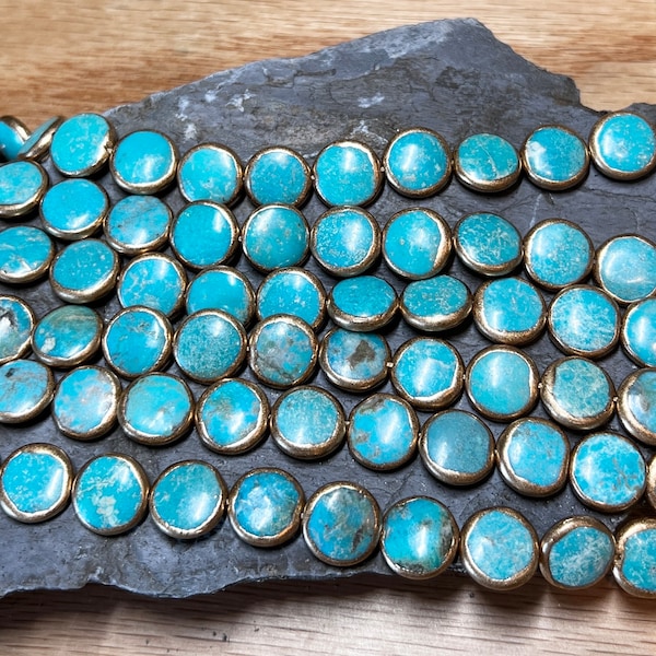 Gold Edge Blue Turquoise Puff Coin Bead 12mm