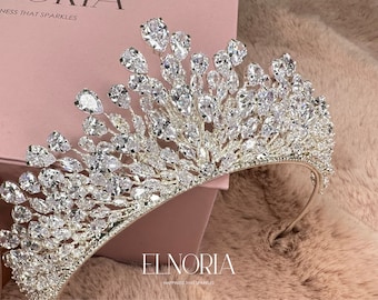 Majestuosa tiara nupcial con piedras transparentes CZ para boda, corona de tiara nupcial, tocado de boda, corona de tiara de boda