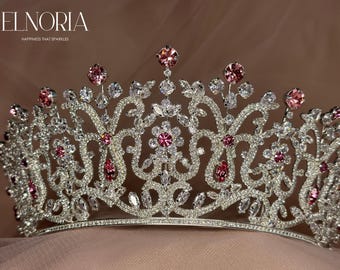 Rose Pink Swarovski Crystal Bridal Tiara Silver Wedding Crown Headpiece for Bride
