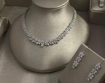 CZ Leaf Bridal Jewelry Set, Rhodium Plated Necklace Earrings Bracelet Ring, Wedding Accessory