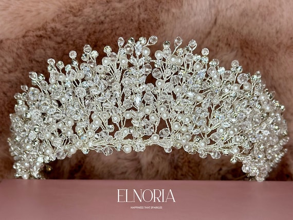 Pearl Crystal Tiara Silver Bride Crown for Wedding Hair - Etsy display picture 1