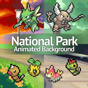 May include: A digital illustration of a National Park animated background with various Pokemon characters. The background features a green, orange, and purple sky with a red and orange sunset. The Pokemon characters include a green and brown Grookey, a brown and yellow Scorbunny, a blue and white Sobble, a brown and green Bulbasaur, a red and white Charmander, and a yellow and blue Squirtle.