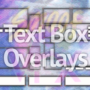 May include: A digital illustration of a purple and blue watercolour background with white text boxes. The text boxes are labelled "Text Box" and "Overlays".