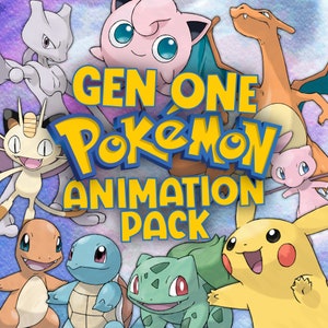 Puede incluir: Una ilustración colorida con varios personajes de Pokémon de la primera generación, incluyendo Pikachu, Bulbasaur, Charmander, Squirtle y muchos más. El texto "GEN ONE Pokemon ANIMATION PACK" se muestra en letras grandes y amarillas.