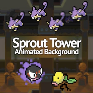 May include: A purple and black animated background with the text "Sprout Tower Animated Background". The background features a purple and black creature with a white face and a yellow creature with green leaves.
