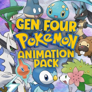 Puede incluir: Una ilustración colorida con varios personajes de Pokémon de la cuarta generación, incluyendo un Pokémon azul y blanco con una flor en la cabeza, un Pokémon verde y blanco con una flor en la cabeza, un Pokémon azul con un pico amarillo, un Pokémon marrón con una barriga blanca, un Pokémon azul con un ojo amarillo, un Pokémon verde con un ojo rojo, un Pokémon blanco con un rayo amarillo y un Pokémon azul con un ojo rojo. El texto "GEN FOUR Pokemon ANIMATION PACK" se muestra en letras amarillas.