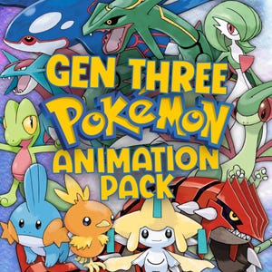May include: A colorful illustration featuring various Pokemon characters from Generation Three, including Sceptile, Gardevoir, and Blaziken. The text "GEN THREE Pokemon ANIMATION PACK" is displayed in bold yellow letters.