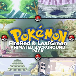 May include: A collage of animated backgrounds for the Pokemon FireRed & LeafGreen video games. The backgrounds feature various landscapes, including a forest, a cave, a city, and a building.