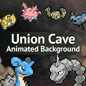 Könnte beinhalten: Ein pixeliger animierter Hintergrund mit verschiedenen Pokémon-Charakteren, darunter ein blaues und graues Omanyte, ein graues und weißes Omanyte, ein rosa und blaues Corsola, ein gelbes und braunes Porygon, ein blaues und violettes Golbat und ein graues und braunes Graveler. Der Text "Union Cave Animated Background" wird in der Mitte des Bildes angezeigt.