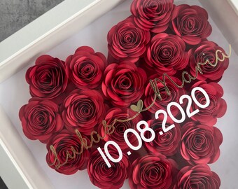 Personalisierter Herz Bilderrahmen mit handgefertigten Rosen l 3D Bilderrahmen, Hochzeitsgeschenk Jahrestag Geschenk Valentinstagsgeschenk