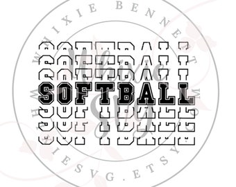 May include: Black and white graphic design with the word "SOFTBALL" repeated multiple times in a stacked pattern. The design is surrounded by a circle with the text "WIXIE BENNET SVG. ETSY".