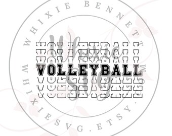May include: Black and white graphic design with the word "Volleyball" repeated multiple times. The design is surrounded by a circle with the text "WHIXIE BENNET SVG. ETSY."