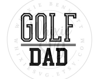 Może przedstawiać: Czarno-biały projekt graficzny z tekstem "GOLF DAD" w pogrubionym, blokowym kroju pisma. Tekst jest otoczony okręgiem z tekstem "WHIXIESVG.ETSY.COM" w mniejszym kroju pisma.