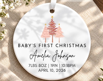 Personalized Baby Girl First Christmas Ornament | Pinky Trees Birth Stats 2026