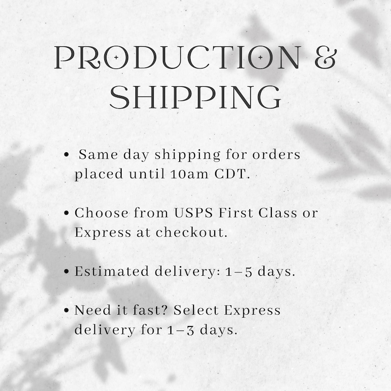 May include: Text on a light background reads "PRODUCTION & SHIPPING." Bullet points below detail same-day shipping for orders placed before 10am CDT, USPS options, and estimated delivery times of 1-5 days. Express delivery is also available.