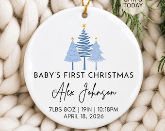 Personalized Baby's First Christmas Ornament | Blue Trees | Birth Stats