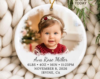 Personalized Baby Girl First Christmas Photo Ornament: Baby's 1st Xmas Birth Stats Gift 2026