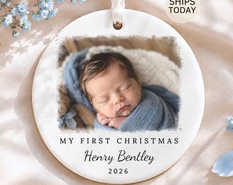 Baby Boy First Christmas Photo Ornament, Baby's 1st Christmas Ceramic Ornament, Personalized Name and Year Gift 2026