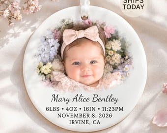 Baby Girl First Christmas Photo Ornament, Baby's 1st Christmas Ornament, Personalized Name and Year, Birth Stats Gift 2026