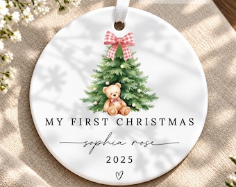 Personalized Baby Girl First Christmas Ornament | Coquette Bow Teddy Bear | My 1st Xmas 2026