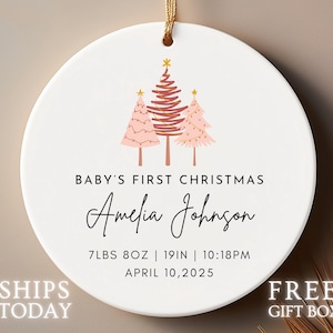 Baby’s First Christmas Ornament 2026 | My First Christmas | Personalized Birth Stats Ornament | Pinky Trees, Baby Girl First Christmas afbeelding 1