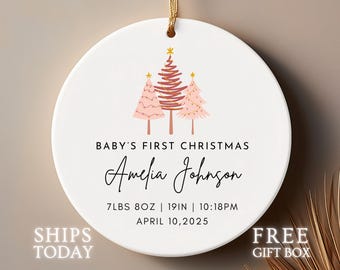 Baby’s First Christmas Ornament 2025 | My First Christmas | Personalized Birth Stats Ornament | Pinky Trees, Baby Girl First Christmas