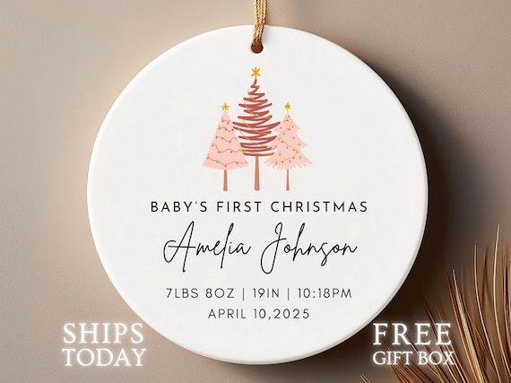 Baby’s First Christmas Ornament 2026 | My First Christmas | Personalized Birth Stats Ornament | Pinky Trees, Baby Girl First Christmas