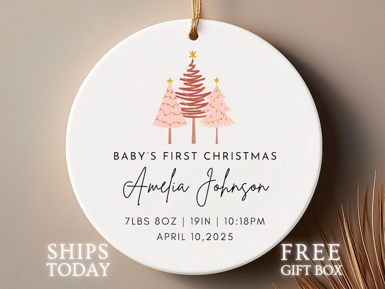 Baby’s First Christmas Ornament 2026 | My First Christmas | Personalized Birth Stats Ornament | Pinky Trees, Baby Girl First Christmas afbeelding 1