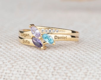 Marquise Cut Birthstone Ring, Name Engraved Ring, Mother Grandma Family Ring Gift, Birthstone With Name, Handmade Jewelry, Personalized Gift