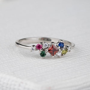 Square Cutting Birthstone Ring, Family Ring, Mother Day Gift, Silver Ring, Personalized Gift, Handmade Jewelry, Christmas Gift, 5 Birthstone