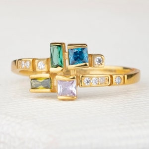 4 Square & Baguette Cutting Birthstones Ring, Family Ring, Mother Day Gift, Sterling Silver Ring, Personalized Handmade Gift, Christmas Gift