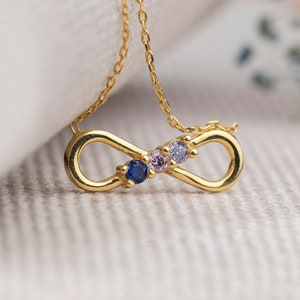 Infinity Necklace, Family 1 to 3 Birthstone, 14k Gold Sterling Silver Necklace, Personalized Gift, Handmade Jewelry, Valentines gift
