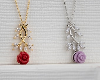 Rose Flower Necklace, Sterling Silver Birthstone Necklace, 5 Color Flower Necklace, Mothers Gift, Christmas Gift, Handmade Jewelry