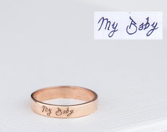 Handwriting Ring, Solid Sterling Silver Memorial Band Ring, Personalized Handwriting Gift, Handmade Jewelry, Rosegold Gold Ring, Christmas