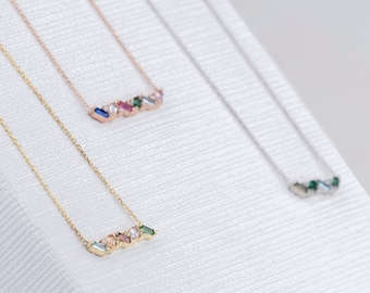 Baguette Birthstone Necklace, Gemstone 14k Gold Silver Personalized Multi-Stone Necklace, Personalized Gift, Jewelry, Christmas Jewelry