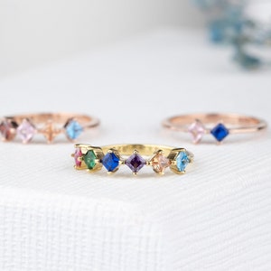Square Traverse Birthstone Ring,  Mother Grandma Family Ring Gifts, Gold Silver Custom Ring, Personalized Gift, Valentines Gift for Her