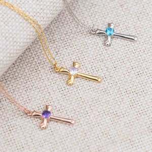 Cross Birthstone Necklace, Sterling Silver Necklace, Religion Necklace, Christian Gift, Personalized Gift, Handmade Jewelry, Custom Pendant