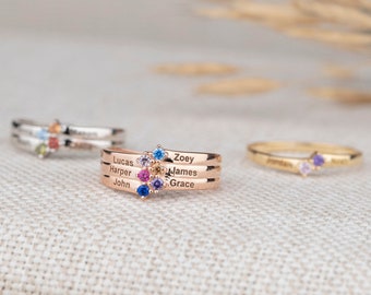 2-4-6 Names Engraving Ring, Birthstone Ring,  Family Names Ring, Mothers Gift, Gold Plated Sterling Silver Custom Ring, Personalized Gifts