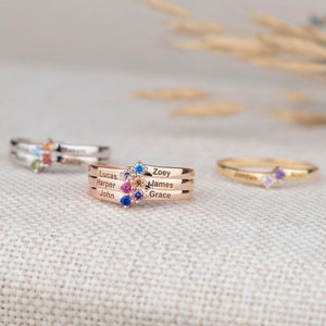 Engraved Sterling Silver Family Names Ring with Birthstones