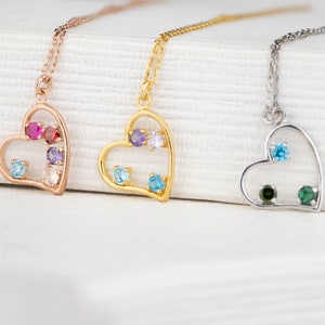 Heart Shape 1-5 Birthstones Necklace, Handmade Jewelry, Personalized Gift, Mothers Gift, Christmas Gift, 925K Sterling Silver Necklace