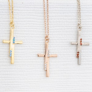 Dainty Cross Birthstone Necklace, Sterling Silver Necklace, Religion Necklace, Christian Personalized Gift, Handmade Jewelry, Mothers Gift