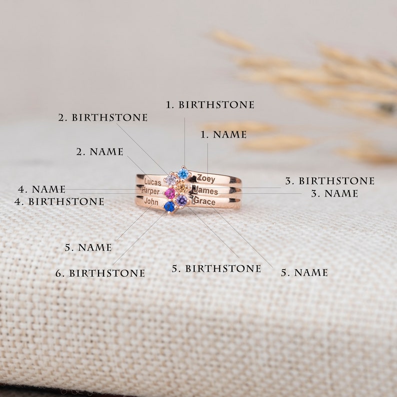 2-4-6 Names Engraving Ring, Birthstone Ring, Family Names Ring, Mothers Gift, Gold Plated Sterling Silver Custom Ring, Personalized Gifts image 2