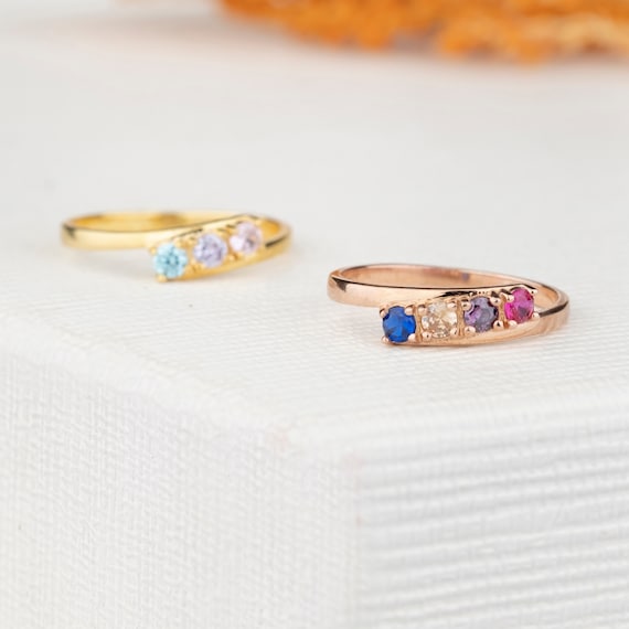 1-4 Order Birthstones Ring, Curved Ring, Mother Family Ring Gifts, Gold Silver Custom Ring, Personalized Gift, Real Sterling Silver Ring